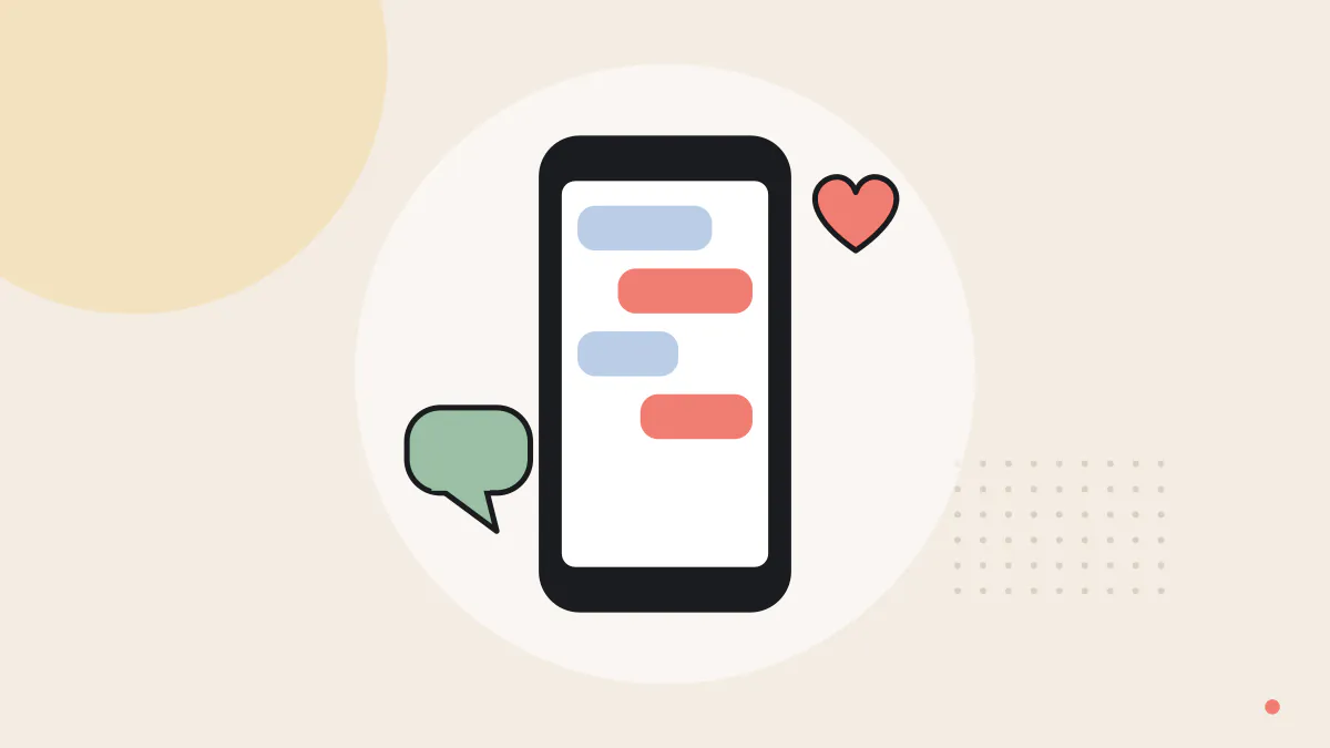 スマートフォンのチャット画面とハート・吹き出しを描いた、SNSの英語のイラスト