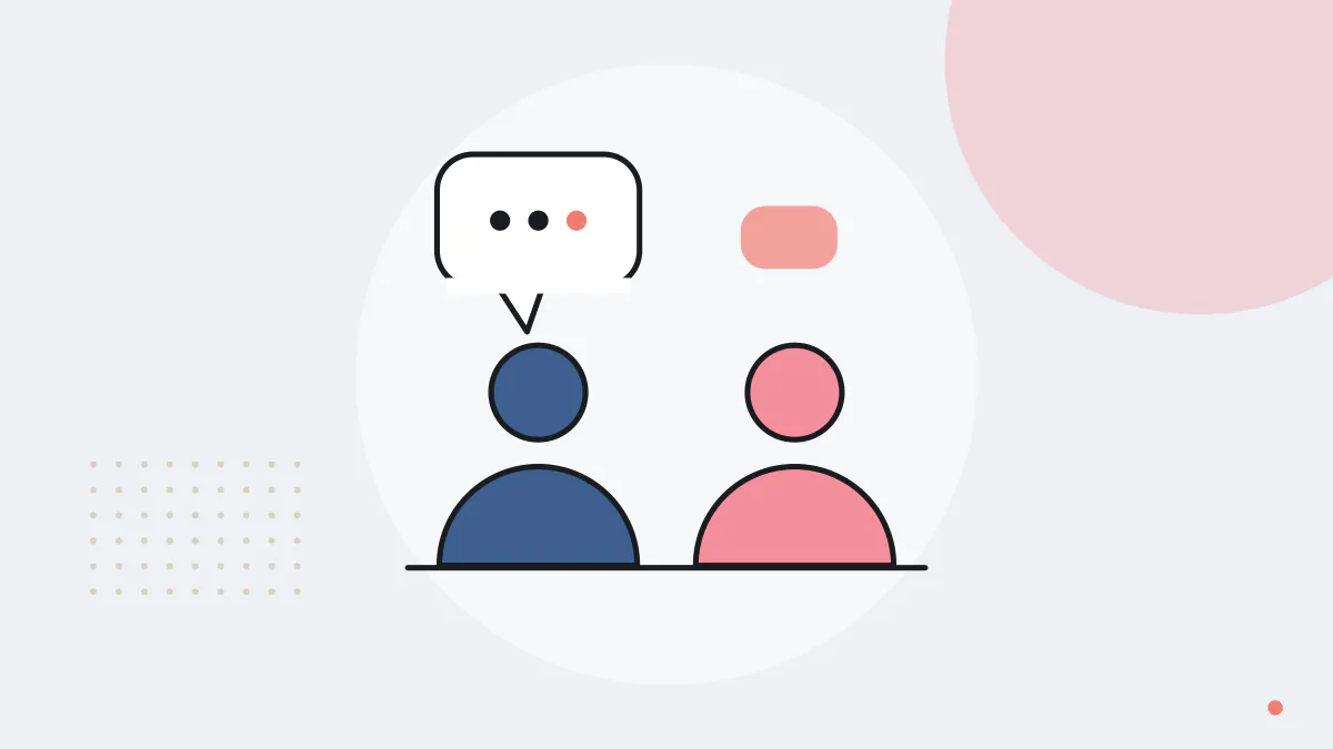 テーブルをはさんで向き合う2人と吹き出しを描いた、英語面接のイラスト